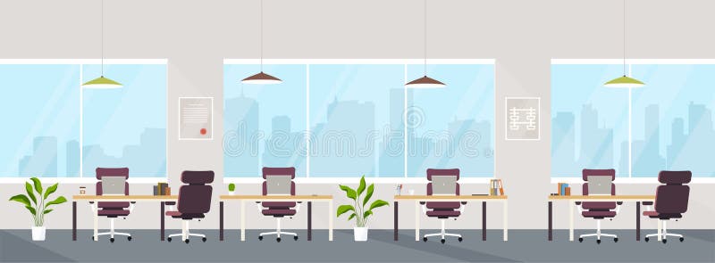 Office interior modern creative space with empty workplaces. Office space with panoramic windows