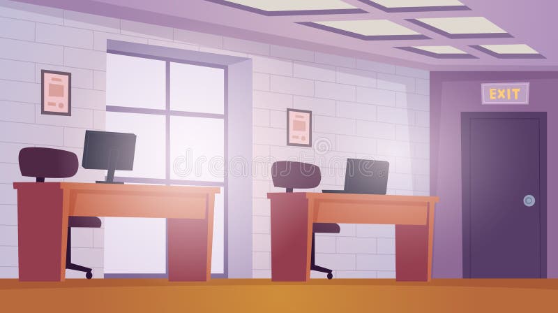 Office interior. open space working places with tables and computers in business center vector illustration