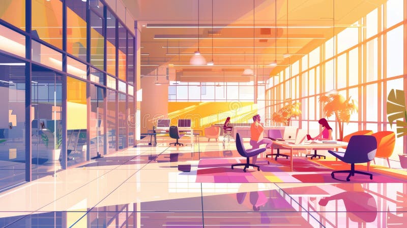 An office interior with people relaxing in the lounge and empty workstations with monitors. Modern illustration of a royalty free stock photos