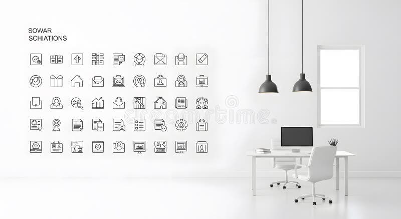 Office Interior with Workspace and Set of Business Icons Against White Wall vector illustration