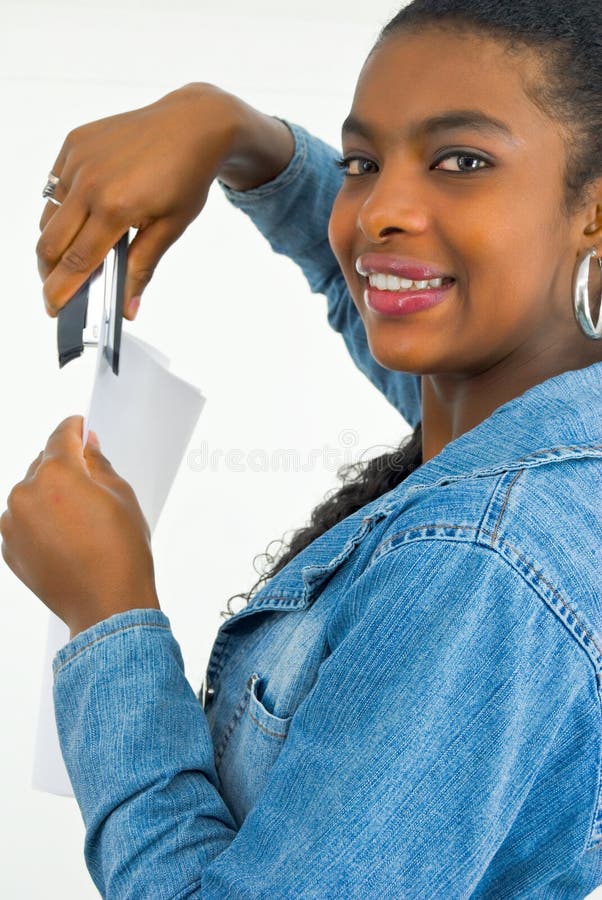 Office lady stepping some papers