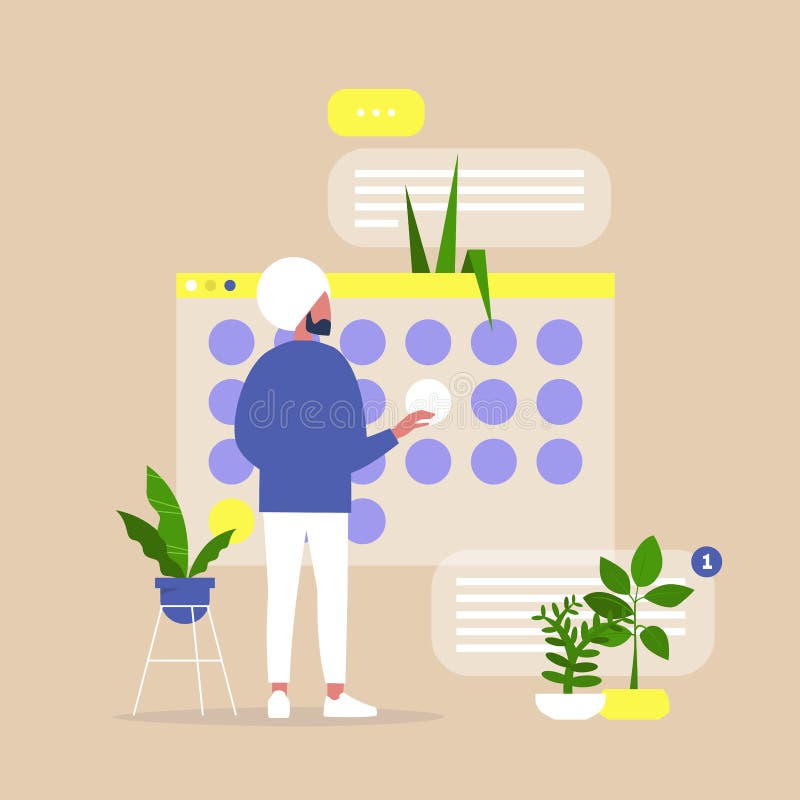 Young indian male manager planning a project in a digital calendar, Organising working process and deadlines vector illustration Young indian male manager planning a project in a digital calendar, Organising working process and deadlines vector illustration