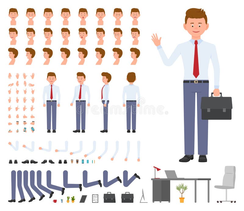 Office manager cartoon character constructor design set. Young adult worker in business clothes with briefcase standing.