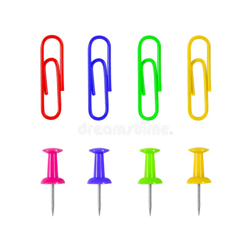 The colorful office materials, pins and paper clips isolated on white background