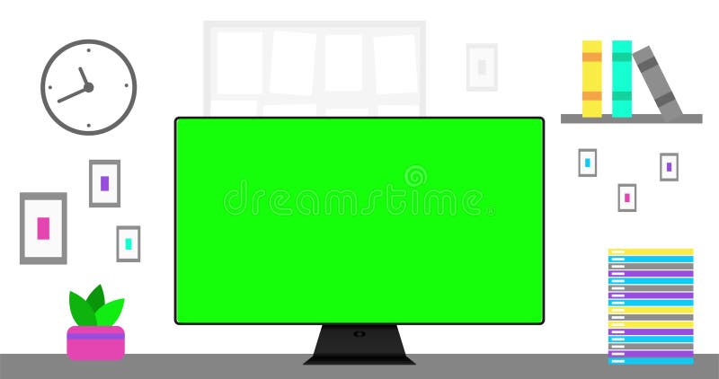 Office, modern computer and chromakey screen. 4K resolution animation. Close up view on office interior animation vector illustration