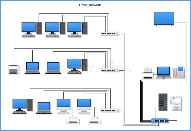 Office network diagram with devices, buildings on white background vector illustration