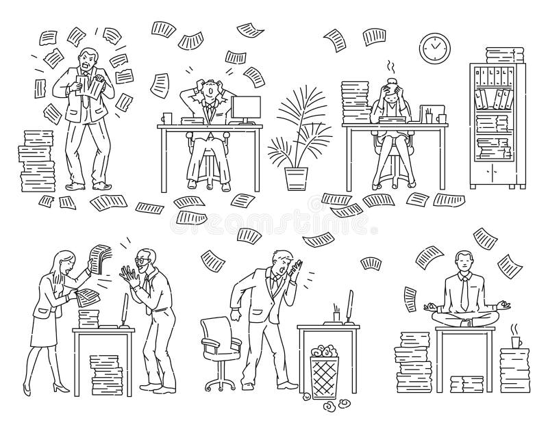 Office Chaos And Stress Set Of People Sketch Vector Illustration