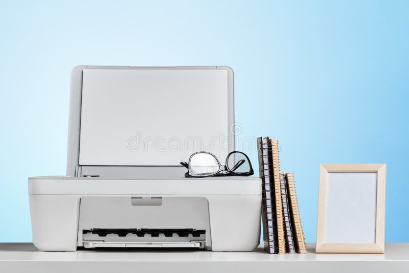 Office Printer Close Up on a Wooden Table Stock Image Image of neat