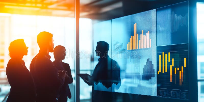 Office Professionals Using 3D Analytics to Discuss Business Data and Improve Operational Strategies stock illustration