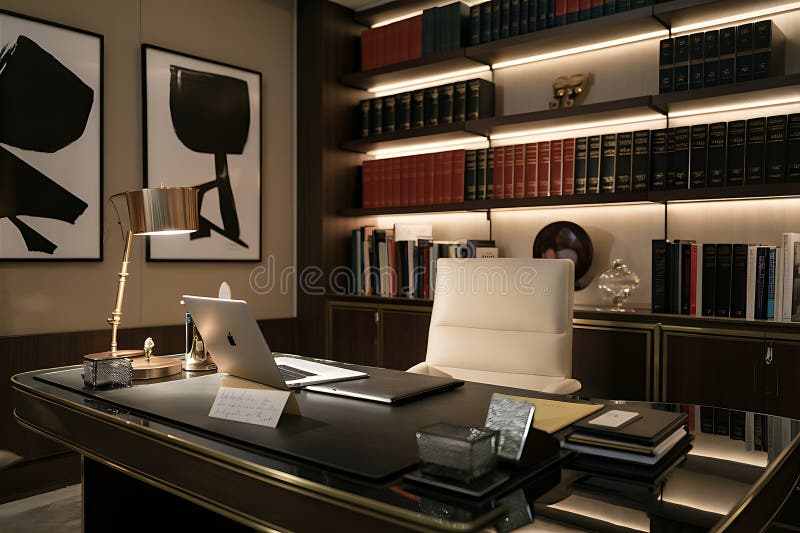 Office room Table with Laptop, Notebook, and Accessories royalty free illustration