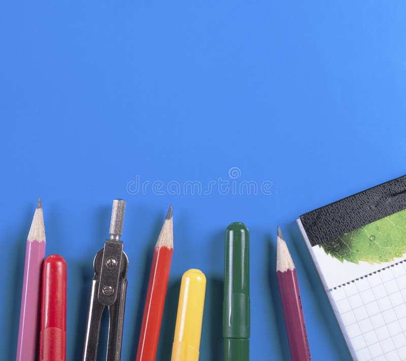 Office and School Supplies on a Blue Background Stock Photo Image of