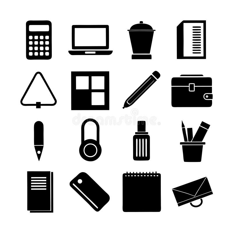 Office and School Supplies Vector Icon Set, black silhouette style, organized array stock photos