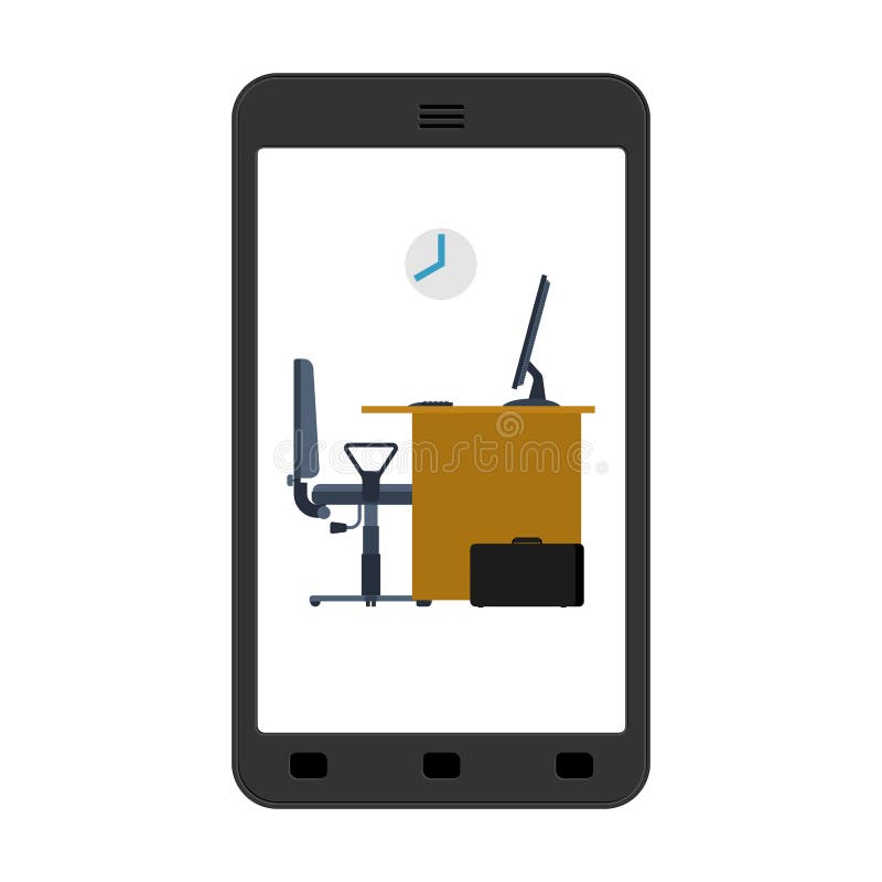 Office in smartphone. Mobile workplace in phone. Table and computer. Working on computer. vector illustration