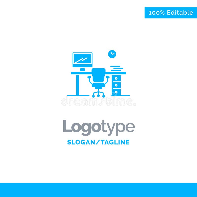 Office, Space, Chair, Office Table, Room Blue Solid Logo Template. Place for Tagline Stock