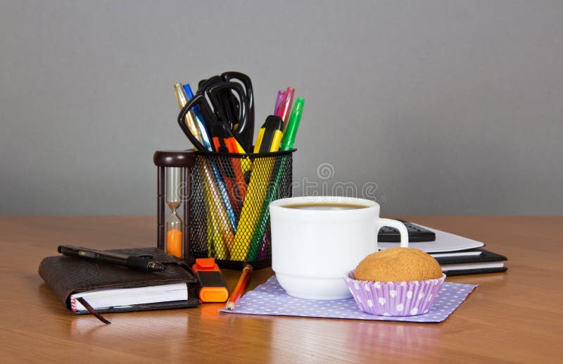 Office Supplies and Cup of Coffee Stock Photo Image of notepad