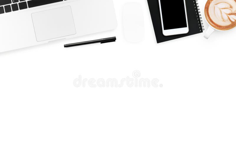 Office supplies are isolated on white background. Top view with copy space, flat lay royalty free stock photo