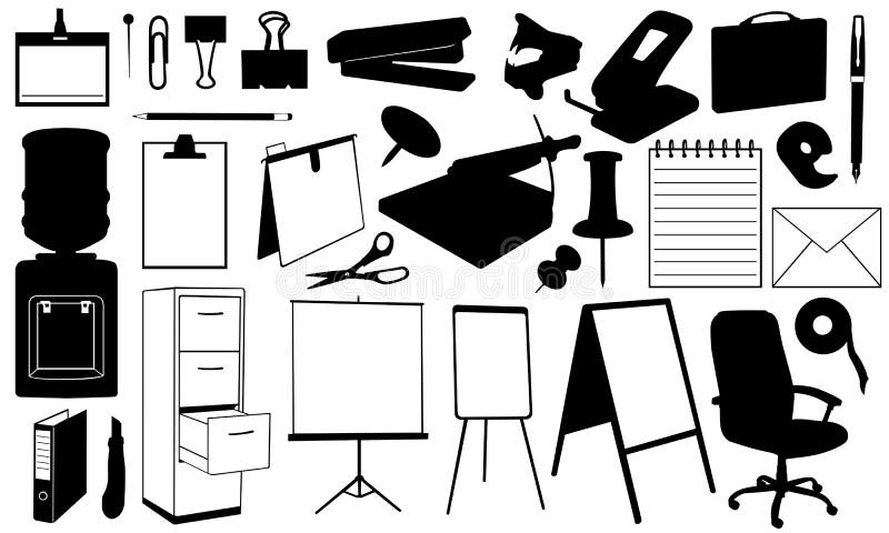 Set of office supplies flat silhouette vector on white background. Office  supply icons with vocabulary. Stationery symbols. Items for office concept.  25561924 Vector Art at Vecteezy