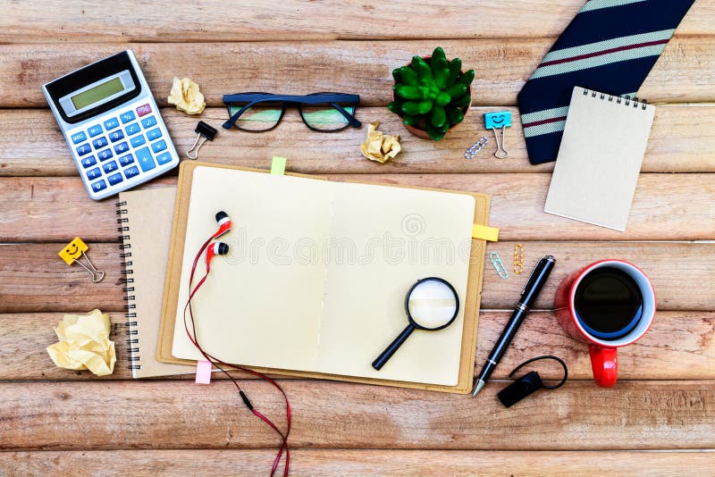 Office Supply and Cup of Coffee on Desk, Workplace Stock Photo Image