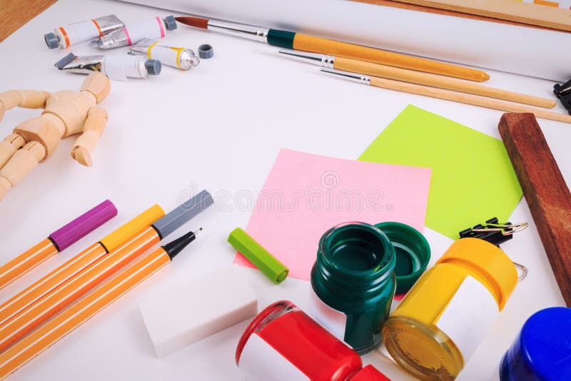 Office Table Desk With Set Of Tools For Creative Art Work. Stock Image