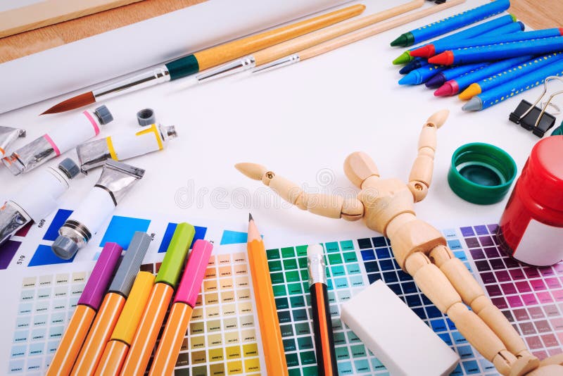 Office Table Desk With Set Of Tools For Creative Art Work. Stock Image