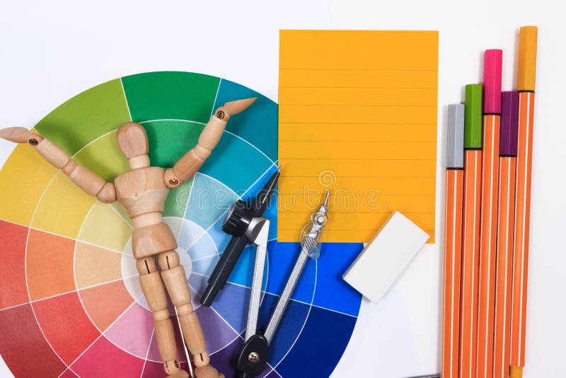 Office Table Desk With Set Of Tools For Creative Art Work . Stock Image