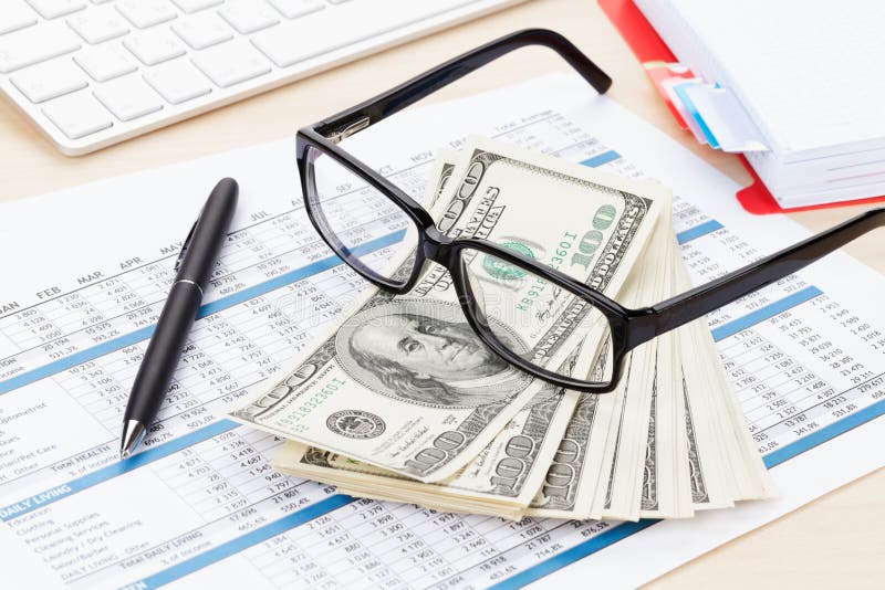 Office Table with Pc, Supplies and Money Cash Stock Photo Image of