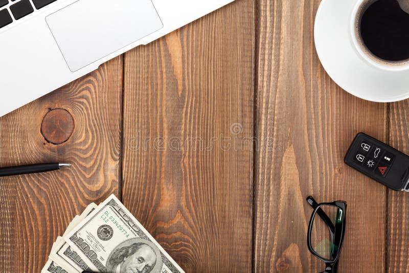 Office Table with Pc, Supplies and Money Cash Stock Photo Image of