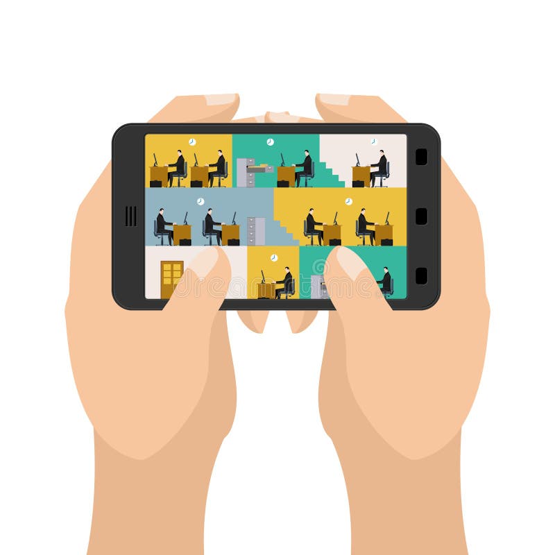 Office on tablet game. Business in a smartphone. Hands hold gadget. Table and computer. Working on computer royalty free illustration