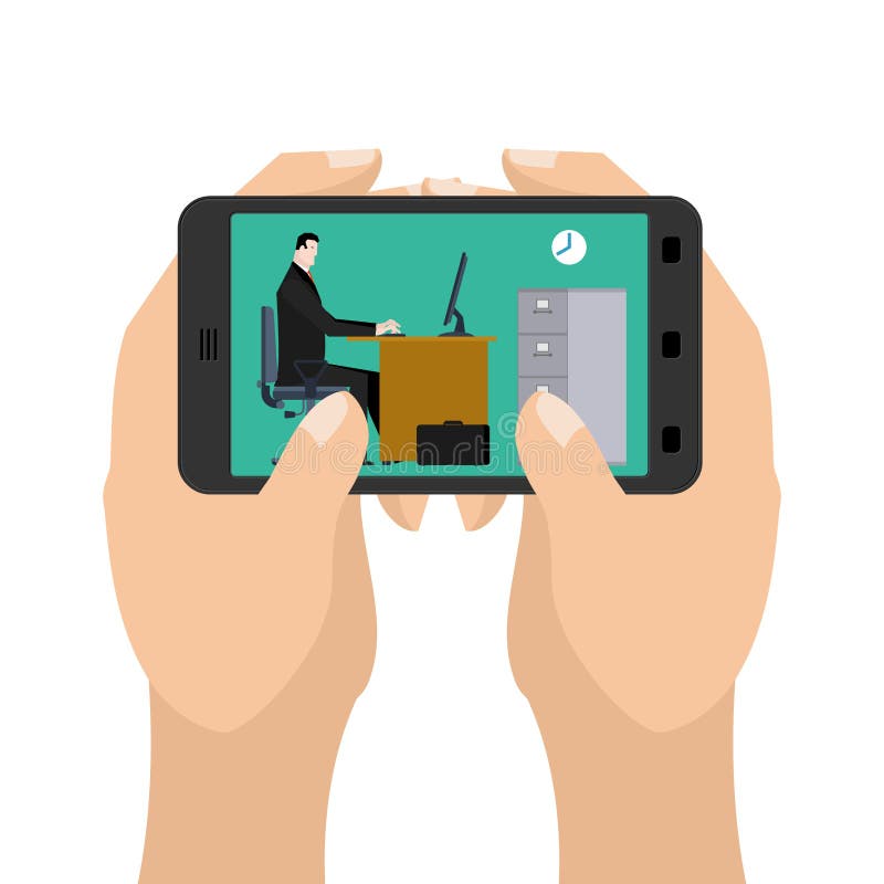 Office on tablet game. Business in a smartphone. Hands hold vector illustration