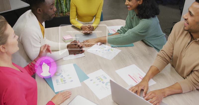 In office, team collaborating on documents and digital animation data visualization stock video