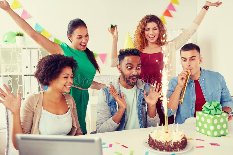 Office Team Greeting Colleague At Birthday Party Stock Image - Image of ... Office Team Celebration