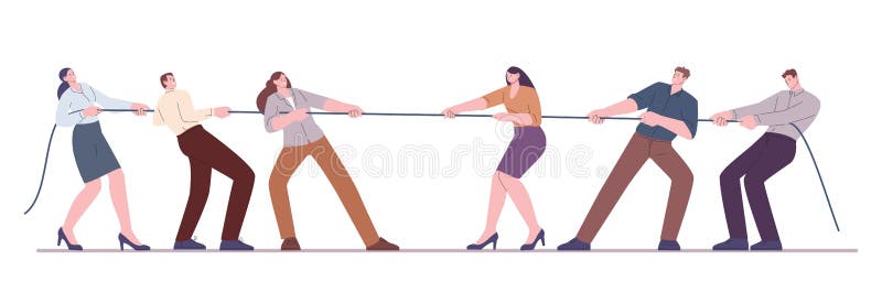 Office teams pulling rope. Competing business groups, people social conflicts. Corporate competition, person in suit royalty free illustration