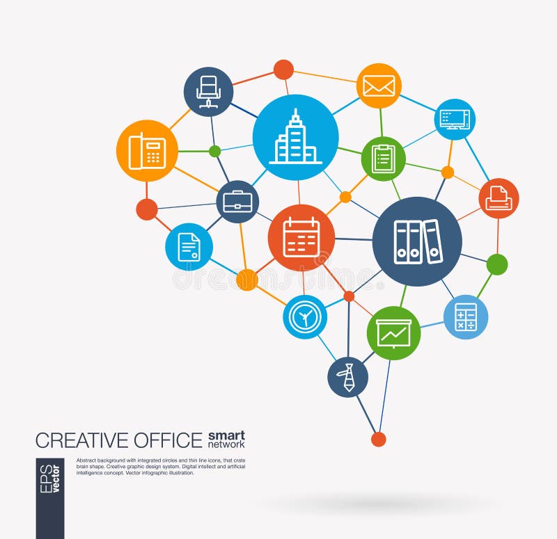 Office work space, people, teamwork, workspace integrated business vector icons. Digital mesh smart brain idea