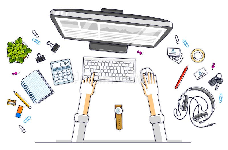 Office worker or entrepreneur working on a PC computer, top view stock illustration Office worker or entrepreneur working on a PC computer, top view stock illustration