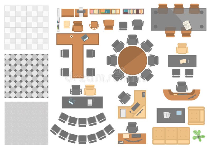 Office workplace elements - set of modern vector objects isolated on white background for creating your own images. Top view position of different floors, tables, chairs, bookshelves. Interior theme