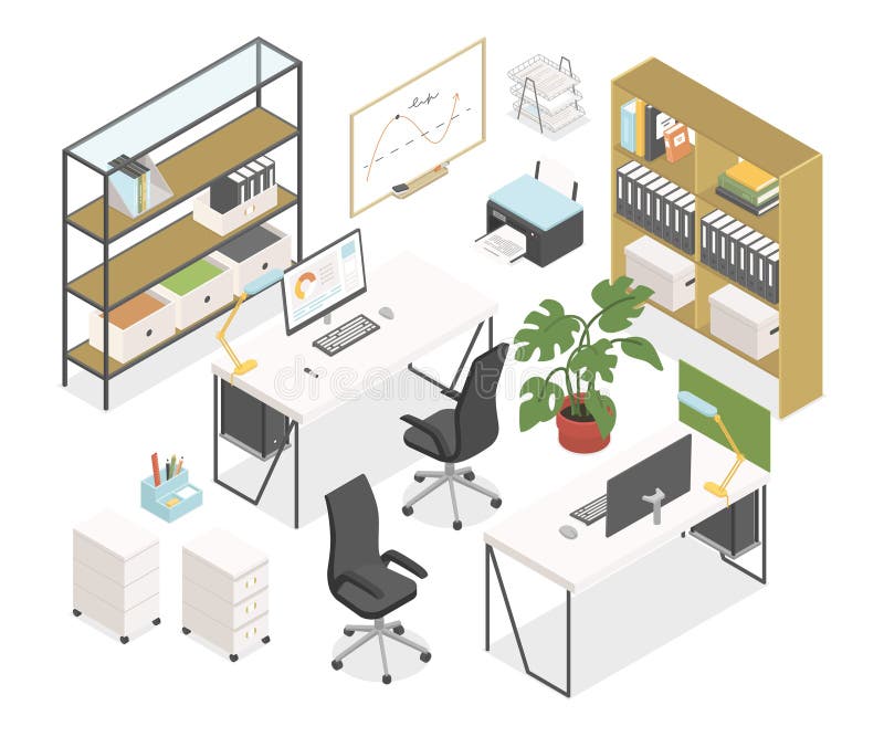 Office workplace - modern vector colorful isometric object set stock illustration