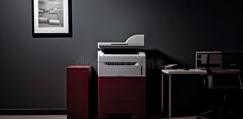 Un spațiu de lucru pentru birou dispune de un scaner copiator versatil pentru imprimante, care încorporează un aparat fotocopiator stock photo