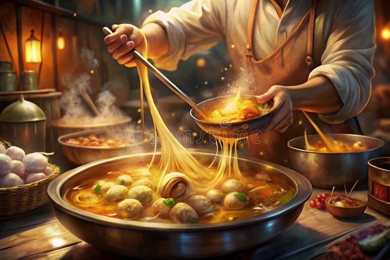 Officiellt Thai Street Food Experience Watch a Chef kompetent Pour Boiling Soy Broth over Delicious Ramen Noodles och vektor illustrationer