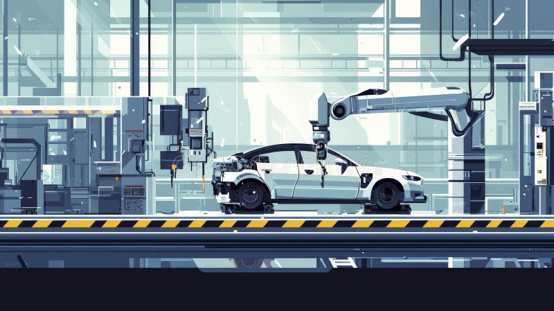 Officina automatizzata con auto di assemblaggio a braccio robotico illustrazione di stock