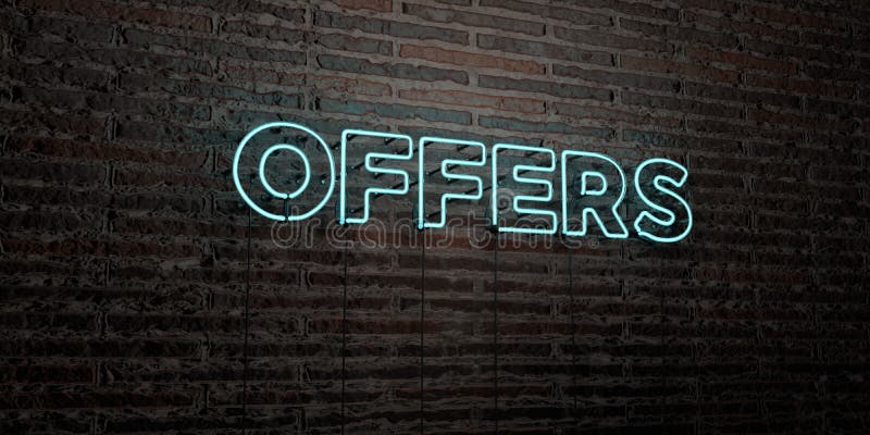 OFFRE - insegna al neon realistica sul fondo del muro di mattoni - l'immagine di riserva libera della sovranità resa 3D illustrazione di stock OFFRE - insegna al neon realistica sul fondo del muro di mattoni - l'immagine di riserva libera della sovranità resa 3D illustrazione di stock