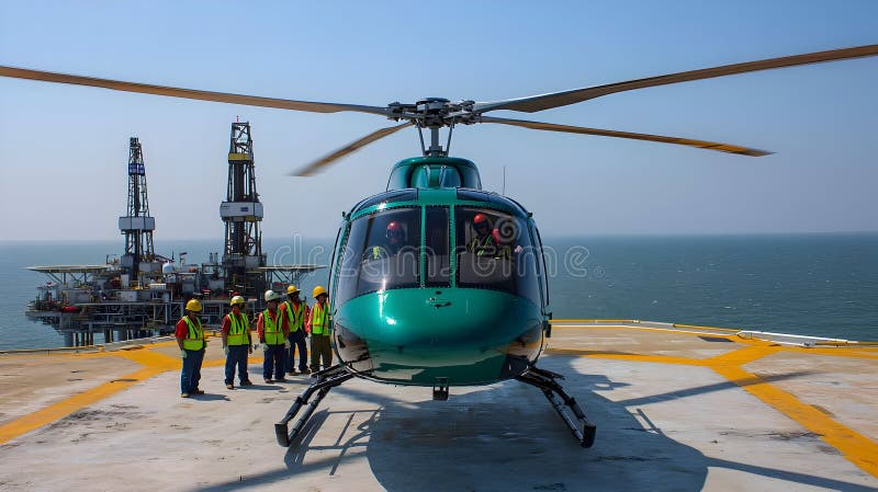 Offshore helicopter operation with platform crew preparing for transit flight