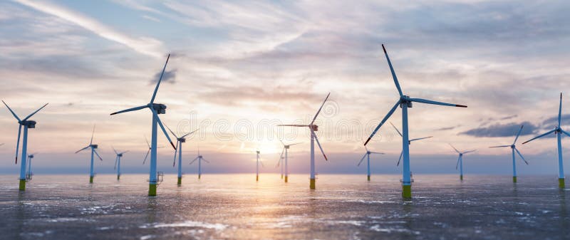 Offshore windenergie en energiebedrijf met veel windturbines op de oceaan