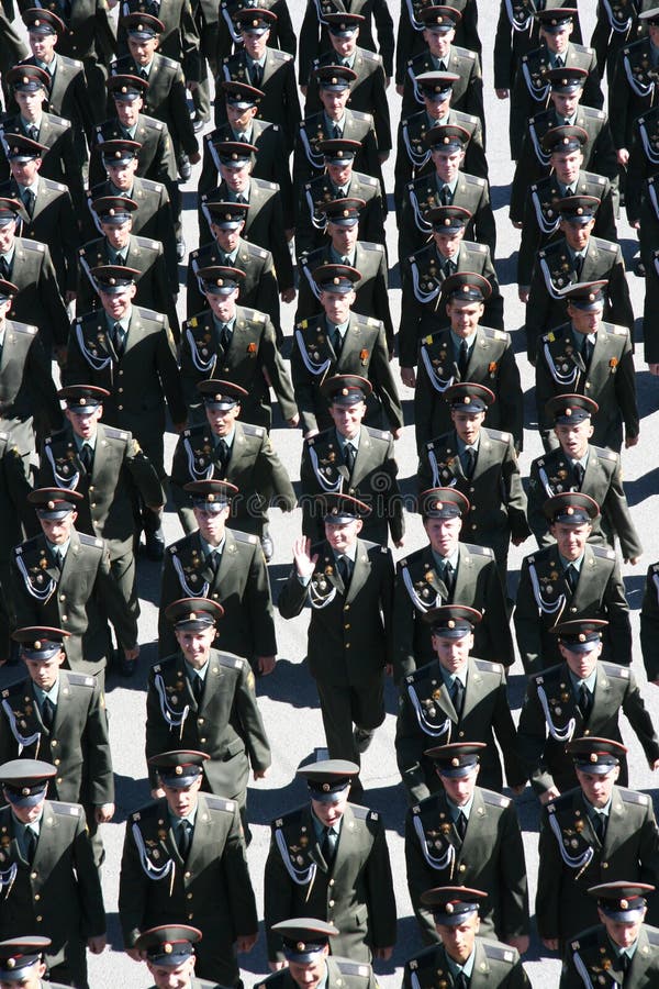 Moscow, Russia - May 7, 2013, military officers marching down the embankment of the Moskva River. Moscow, Russia - May 7, 2013, military officers marching down the embankment of the Moskva River