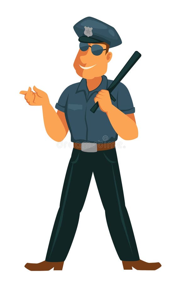 Oficial de policía alegre en uniforme con el palo de goma stock de ilustración Oficial de policía alegre en uniforme con el palo de goma stock de ilustración