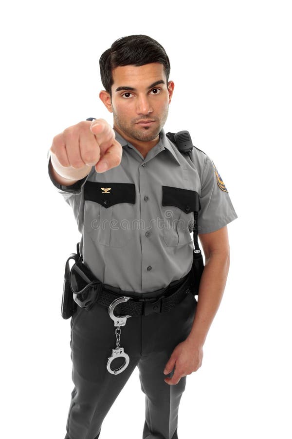 Oficial ou guarda de prisão de polícia que apontam seu dedo