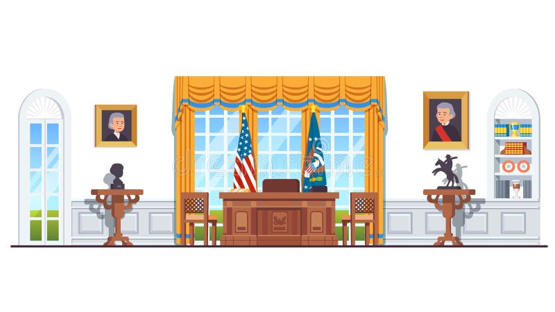 Oficina oval de la Casa Blanca de Estados Unidos con banderas de Estados Unidos