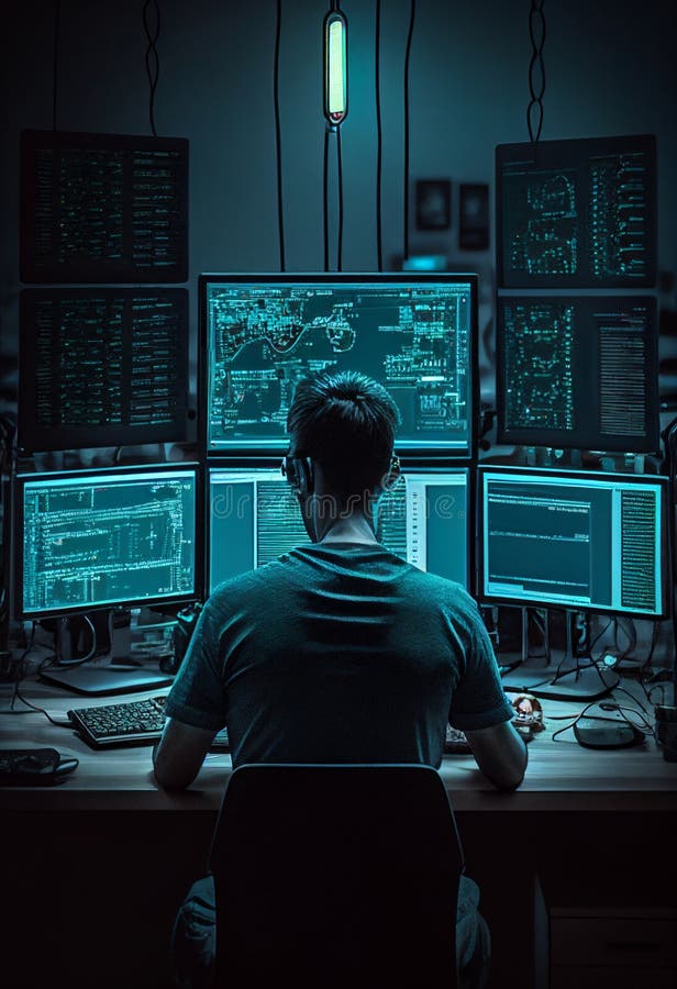 Oficinista masculino navegando por internet en su computadora en su área de trabajo enfrentando un ambiente virtual con big data y ilustración del vector