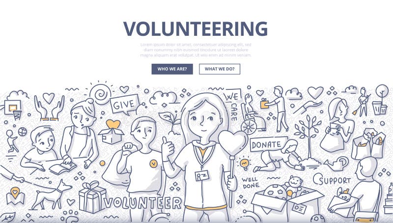 Doodle vector illustration of a volunteers, doing altruistic social activity. Volunteering concept for web banners, hero images, printed materials. Doodle vector illustration of a volunteers, doing altruistic social activity. Volunteering concept for web banners, hero images, printed materials