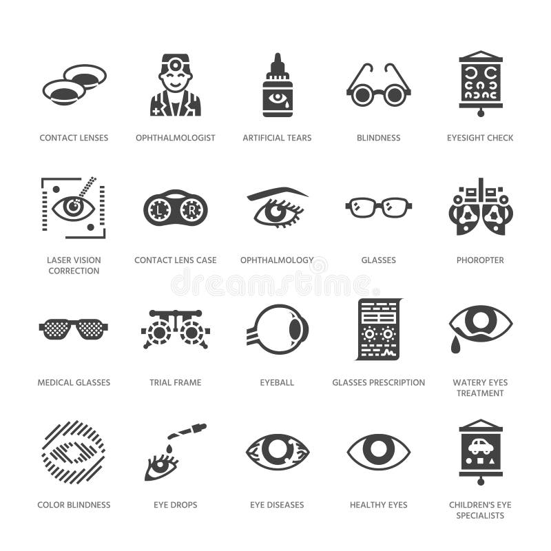 Oftalmologia, ícones do glyph dos cuidados médicos dos olhos Equipamento da optometria, lentes de contato, vidros, cegueira Corre ilustração do vetor Oftalmologia, ícones do glyph dos cuidados médicos dos olhos Equipamento da optometria, lentes de contato, vidros, cegueira Corre ilustração do vetor