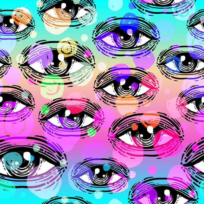 Eyes, seamless pattern in vintage psychedelic style. Ethnic background for textiles, fabric design, scrapbook, wrapping paper, wallpaper. Vector illustration. Astrology, religion. Conspiracy theory. Eyes, seamless pattern in vintage psychedelic style. Ethnic background for textiles, fabric design, scrapbook, wrapping paper, wallpaper. Vector illustration. Astrology, religion. Conspiracy theory.